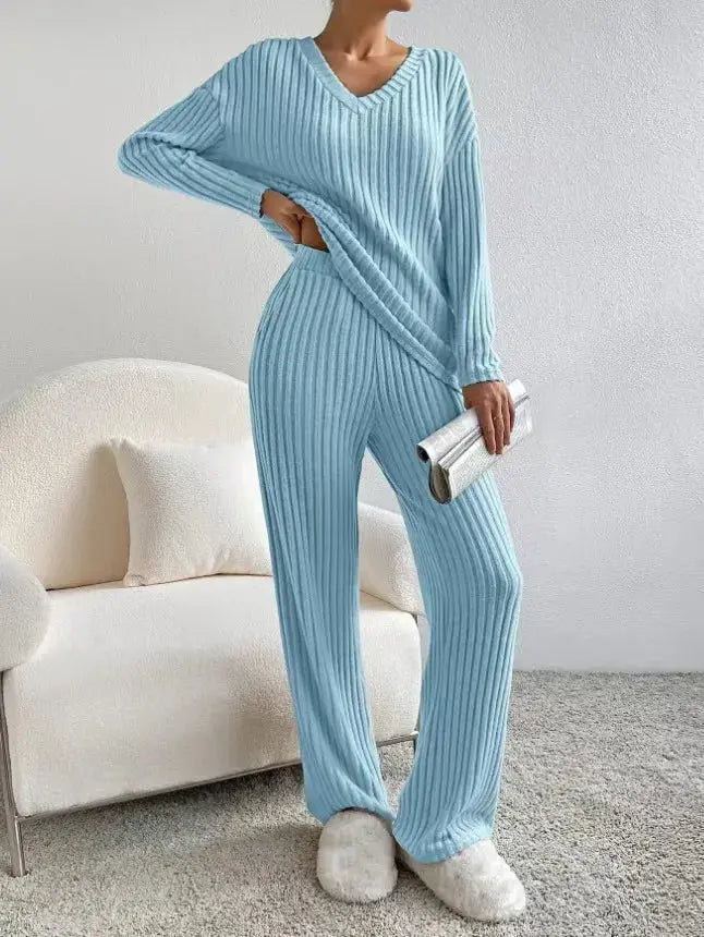 Fashionable Knitted Two-Piece Set Casual V-Neck Long Pants Autumn Winter New Style Loose Fit Korean Style Comfortable Polyester SHOPEZRA L.L.C.