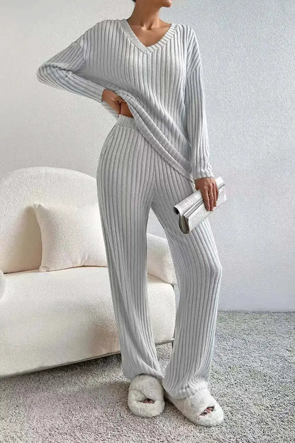 Fashionable Knitted Two-Piece Set Casual V-Neck Long Pants Autumn Winter New Style Loose Fit Korean Style Comfortable Polyester by Dropshipman