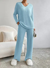 Fashionable Knitted Two-Piece Set Casual V-Neck Long Pants Autumn Winter New Style Loose Fit Korean Style Comfortable Polyester SHOPEZRA L.L.C.