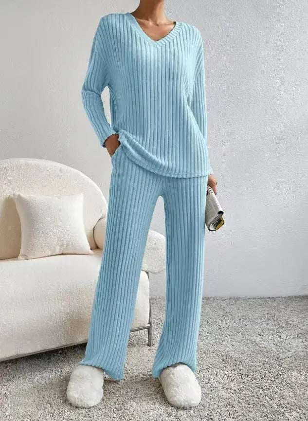 Fashionable Knitted Two-Piece Set Casual V-Neck Long Pants Autumn Winter New Style Loose Fit Korean Style Comfortable Polyester SHOPEZRA L.L.C.