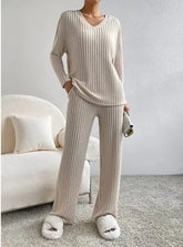 Fashionable Knitted Two-Piece Set Casual V-Neck Long Pants Autumn Winter New Style Loose Fit Korean Style Comfortable Polyester SHOPEZRA L.L.C.