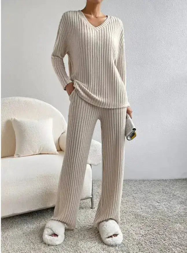 Fashionable Knitted Two-Piece Set Casual V-Neck Long Pants Autumn Winter New Style Loose Fit Korean Style Comfortable Polyester by Dropshipman
