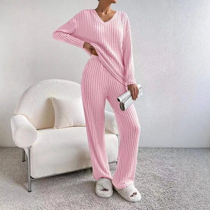 Fashionable Knitted Two-Piece Set Casual V-Neck Long Pants Autumn Winter New Style Loose Fit Korean Style Comfortable Polyester by Dropshipman