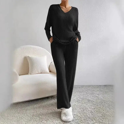 Fashionable Knitted Two-Piece Set Casual V-Neck Long Pants Autumn Winter New Style Loose Fit Korean Style Comfortable Polyester by Dropshipman
