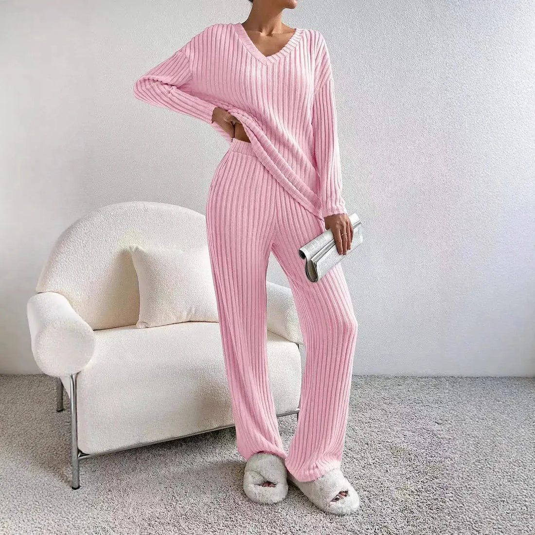 Fashionable Knitted Two-Piece Set Casual V-Neck Long Pants Autumn Winter New Style Loose Fit Korean Style Comfortable Polyester by Dropshipman