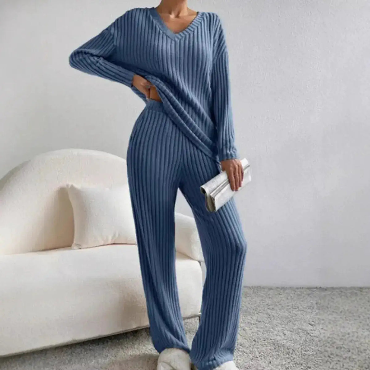 Fashionable Knitted Two-Piece Set Casual V-Neck Long Pants Autumn Winter New Style Loose Fit Korean Style Comfortable Polyester by Dropshipman