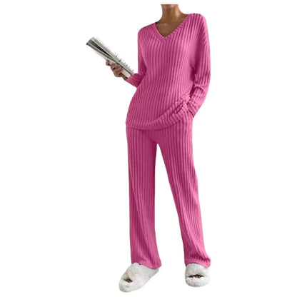 Fashionable Knitted Two-Piece Set Casual V-Neck Long Pants Autumn Winter New Style Loose Fit Korean Style Comfortable Polyester by Dropshipman
