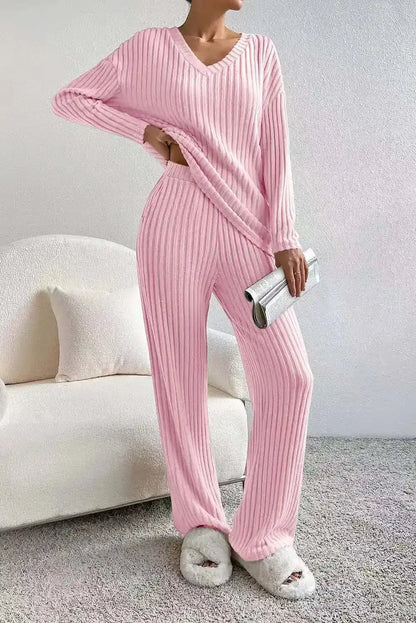 Fashionable Knitted Two-Piece Set Casual V-Neck Long Pants Autumn Winter New Style Loose Fit Korean Style Comfortable Polyester by Dropshipman