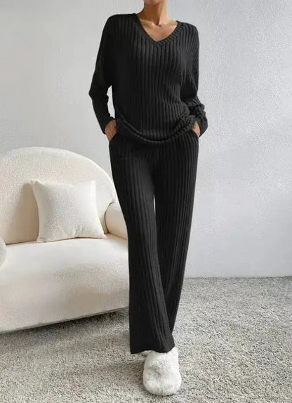 Fashionable Knitted Two-Piece Set Casual V-Neck Long Pants Autumn Winter New Style Loose Fit Korean Style Comfortable Polyester by Dropshipman