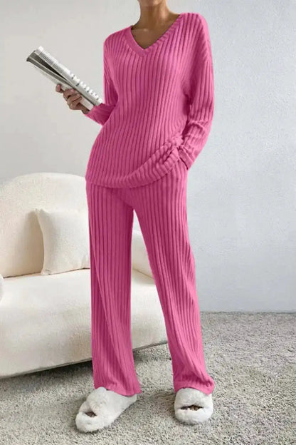 Fashionable Knitted Two-Piece Set Casual V-Neck Long Pants Autumn Winter New Style Loose Fit Korean Style Comfortable Polyester by Dropshipman