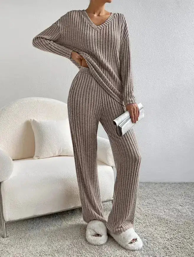 Fashionable Knitted Two-Piece Set Casual V-Neck Long Pants Autumn Winter New Style Loose Fit Korean Style Comfortable Polyester by Dropshipman