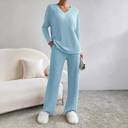 Fashionable Knitted Two-Piece Set Casual V-Neck Long Pants Autumn Winter New Style Loose Fit Korean Style Comfortable Polyester by Dropshipman