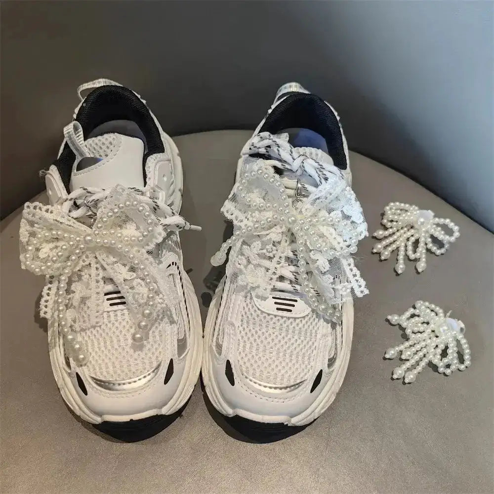 Fashion Lace Pearl Bow Shoe Laces Shoe Flower Buckle Premium Decorative Shoe Charm Accessories Charms for Sneakers Decorative by Dropshipman
