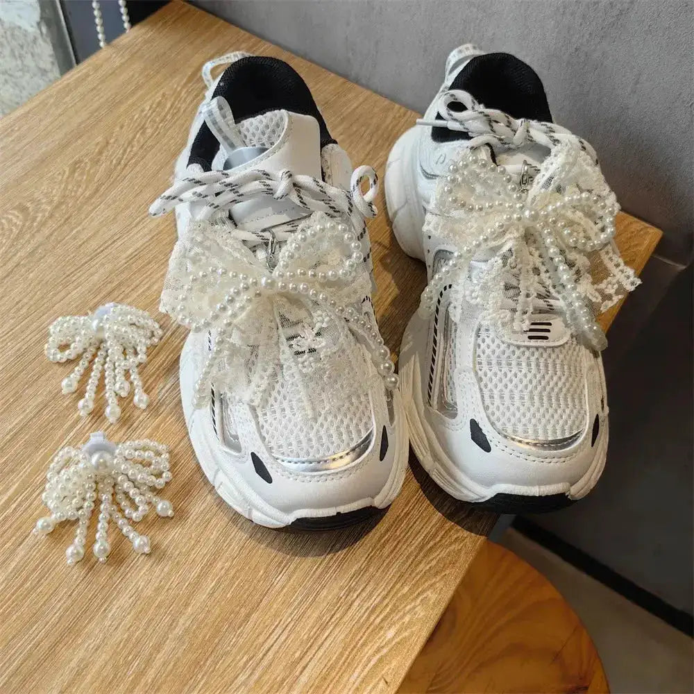 Fashion Lace Pearl Bow Shoe Laces Shoe Flower Buckle Premium Decorative Shoe Charm Accessories Charms for Sneakers Decorative by Dropshipman