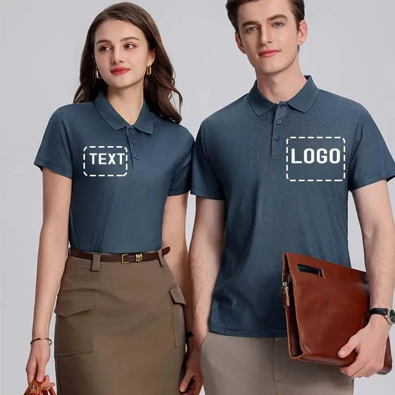 Light blue men's polo shirt with custom logo, short sleeves, suitable for summer, from SHOPEZRA L.L.C., casual business style.