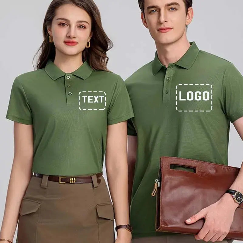 Light blue men's Polo shirt by SHOPEZRA L.L.C., customized logo, short sleeve, suitable for summer, business or casual wear.
