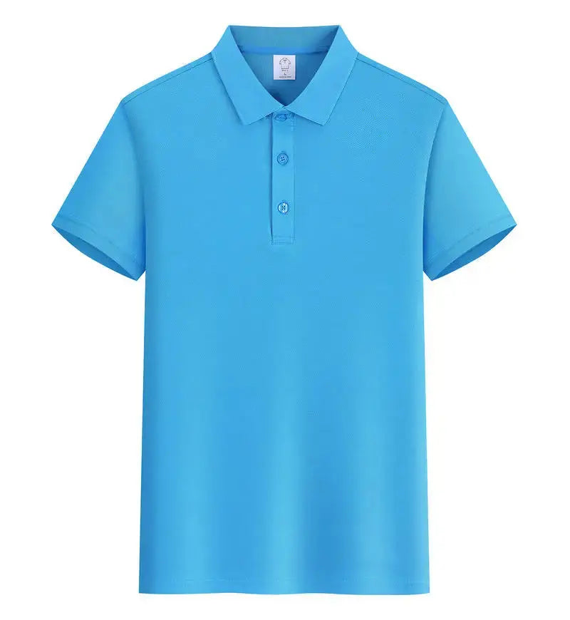 Light blue men's polo shirt with custom logo from SHOPEZRA L.L.C., short sleeve, summer style, suitable for business or casual wear.