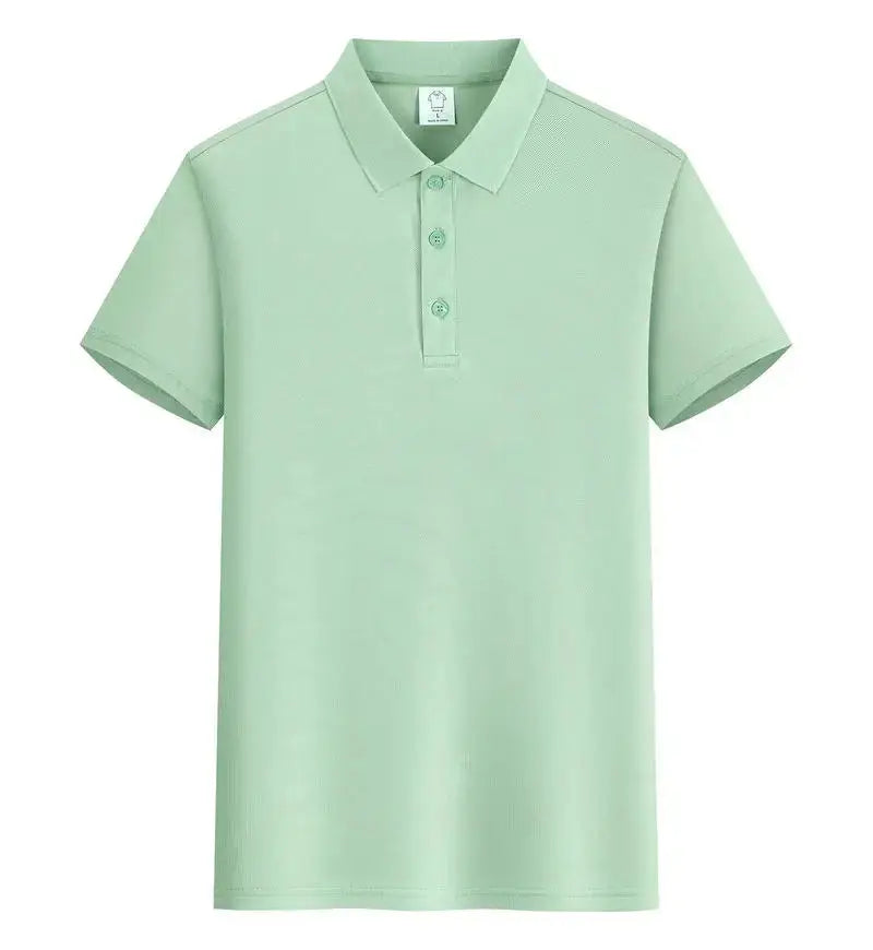 Light blue men's POLO shirt with customized logo, short sleeves, suitable for summer, from SHOPEZRA L.L.C., luxury business casual.