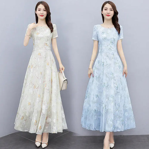 Light blue bohemian long chiffon dress for women, ankle-length seaside holiday beach dress, 2022 summer new style by SHOPEZRA L.L.C.