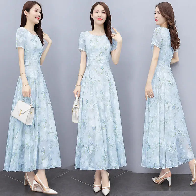 Light blue bohemian long chiffon dress for women, ankle-length seaside holiday beach dress, perfect for summer and casual wear.