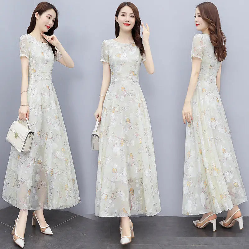 Light blue bohemian chiffon long dress for women, ankle-length seaside holiday beach dress, perfect for summer vacations.