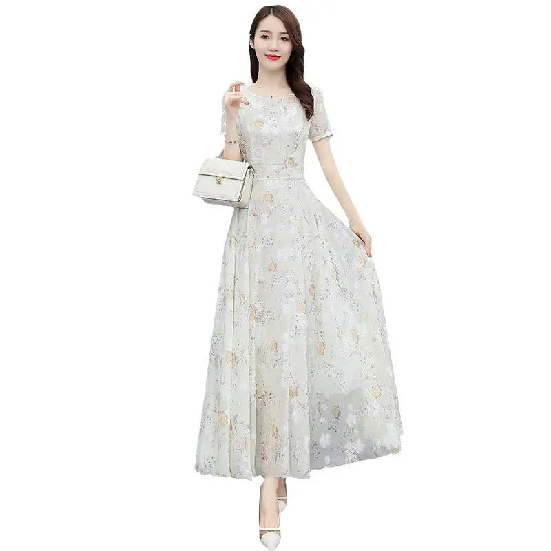 Light blue bohemian long chiffon dress for women, ankle-length seaside holiday beach dress, perfect for summer vacation.