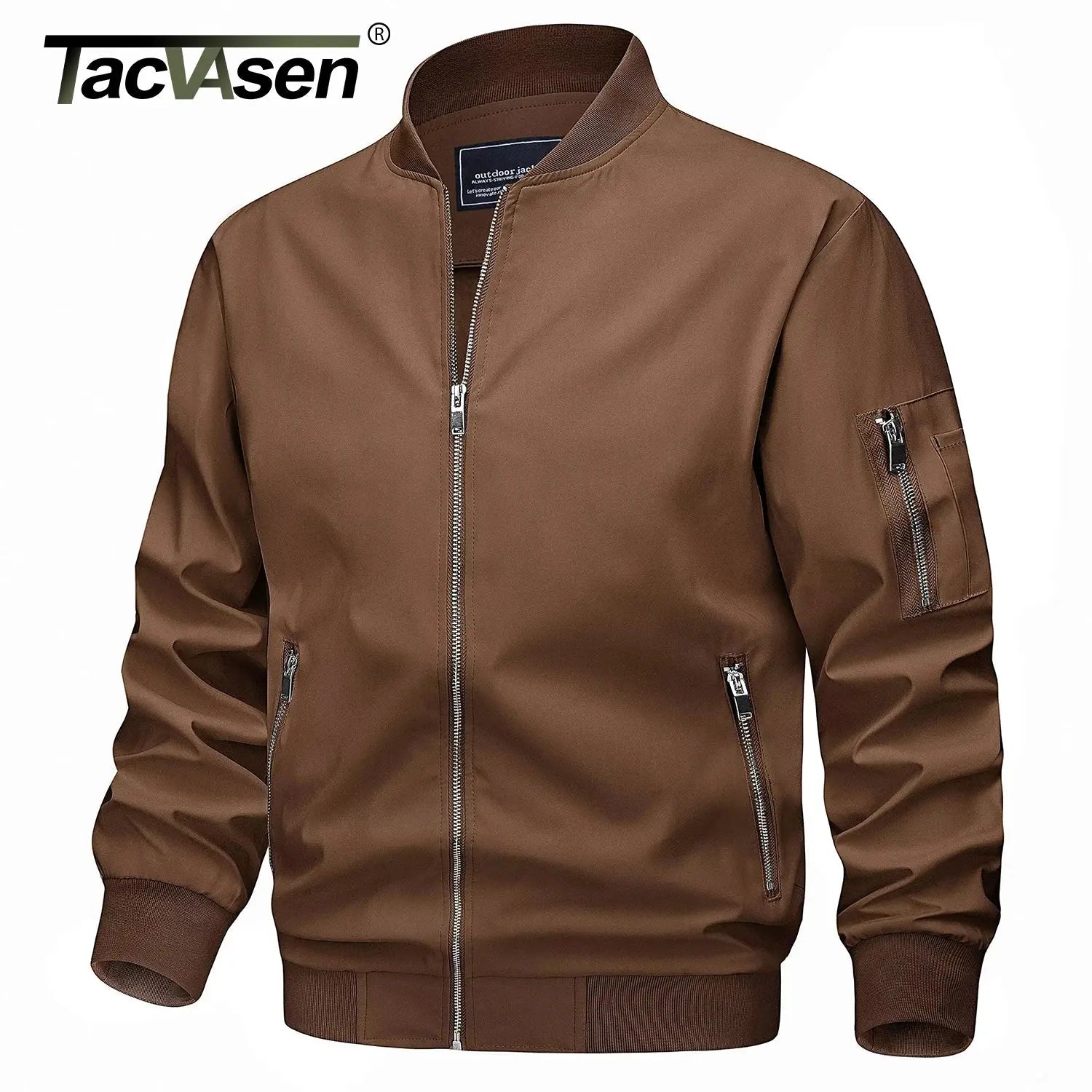 Light gray TACVASEN men's spring fall lightweight bomber jacket with zip pockets, casual windbreaker, and biker style outerwear.
