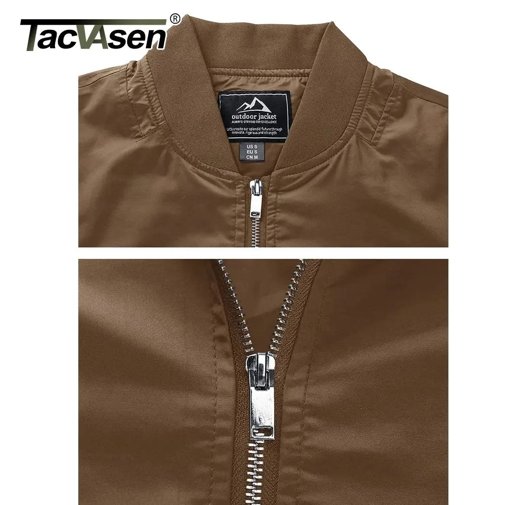 Light gray TACVASEN men's spring fall bomber jacket with zip pockets, lightweight windbreaker, casual outdoor biker outwear
