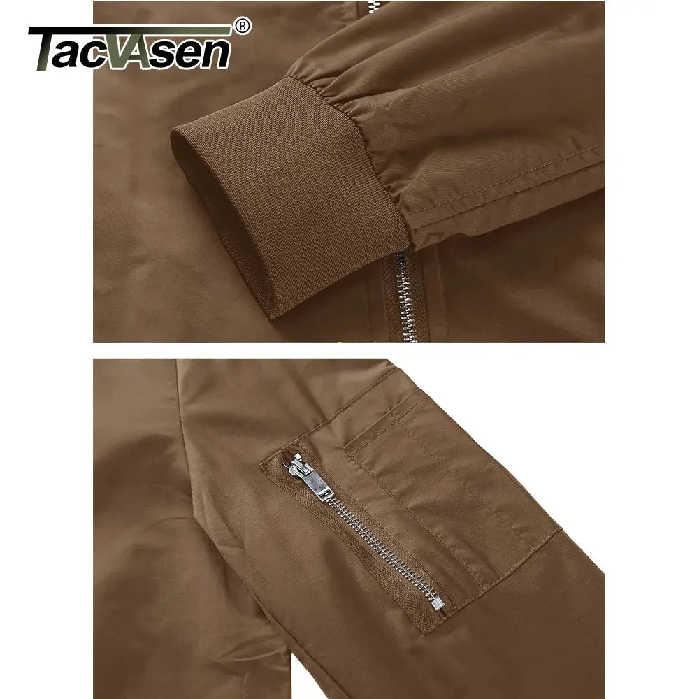 Light gray TACVASEN men's spring fall bomber jacket with zip pockets, lightweight windbreaker, casual biker style outdoor coat