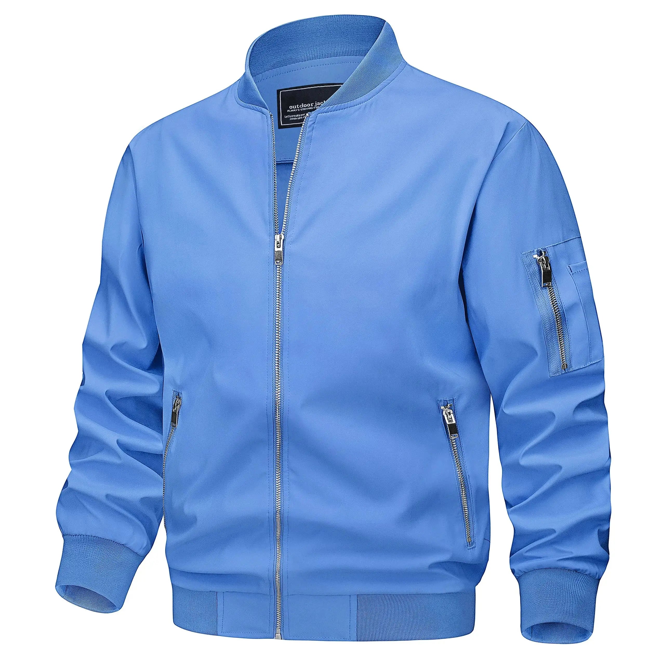 Light gray TACVASEN men's spring fall bomber jacket with zip pockets, lightweight casual windbreaker, outdoor biker outwear.