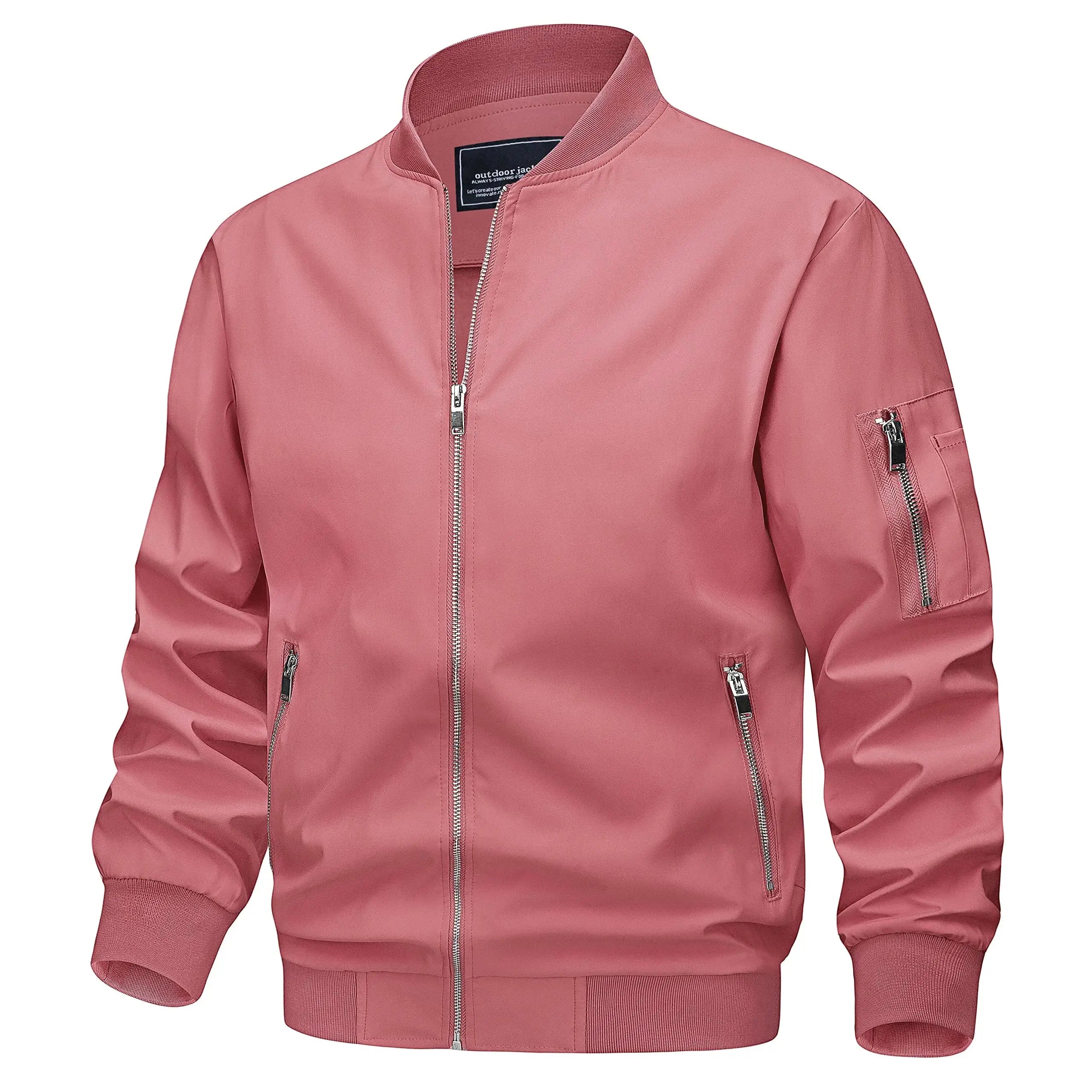 Light gray TACVASEN men's spring fall bomber jacket with lightweight windbreaker style, zip pockets, and casual biker-inspired design.