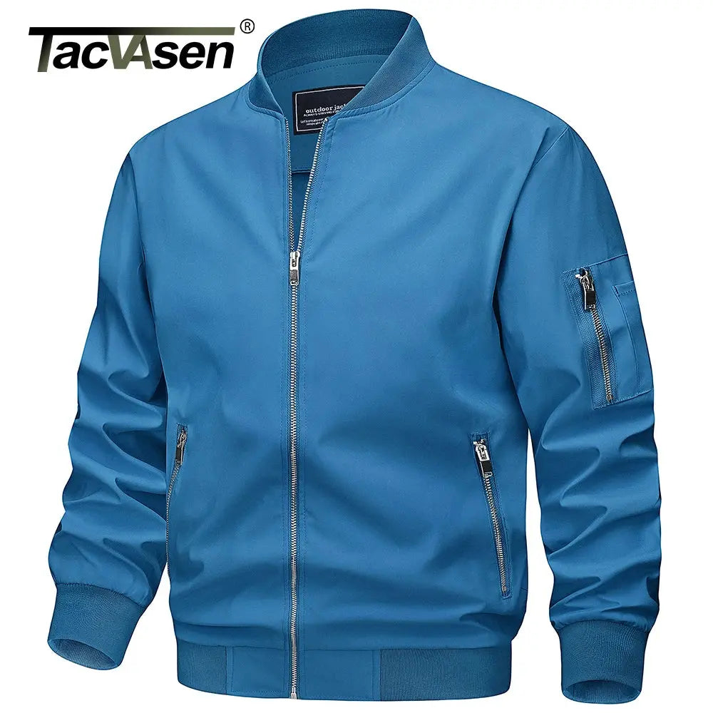 Light gray men's TACVASEN spring fall lightweight bomber jacket with zip pockets, casual windbreaker, slim fit outdoor biker outwear