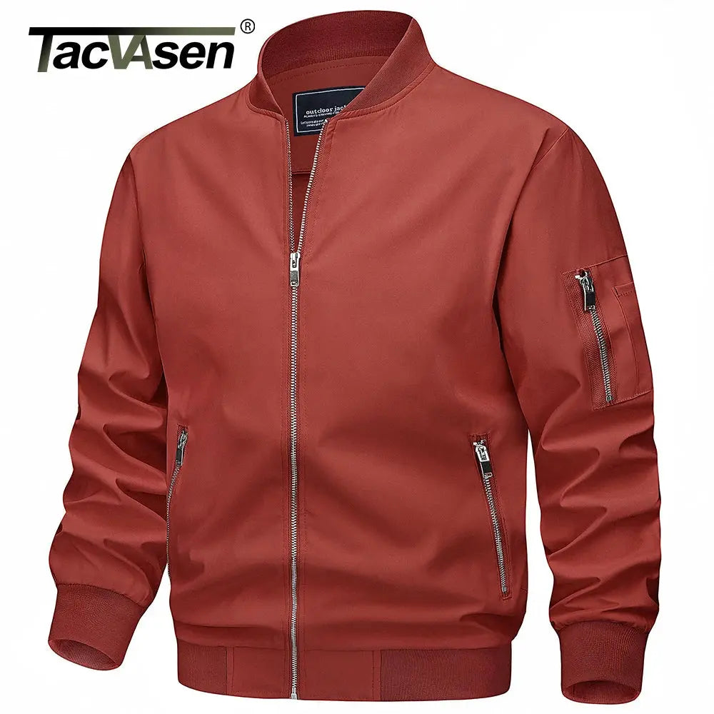 Light gray TACVASEN men's spring fall bomber jacket with zip pockets, lightweight windbreaker, slim fit, outdoor casual biker style.