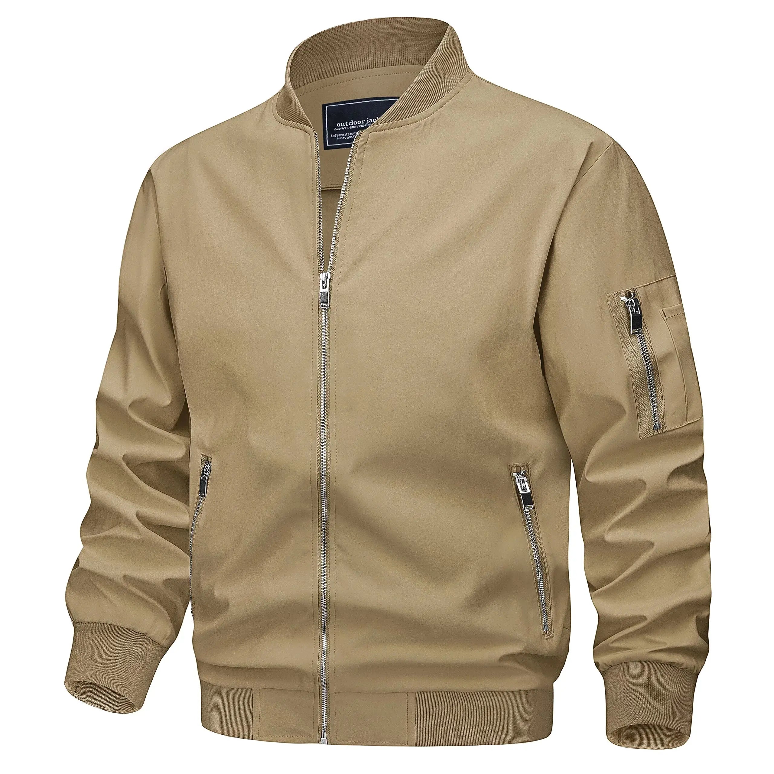 Light gray TACVASEN men's spring fall lightweight bomber jacket with zip pockets, casual windbreaker, and biker-inspired design.