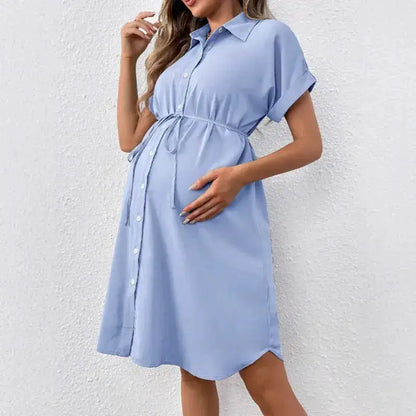 New Maternity Dress Summer Short Sleeve Button Casual Maternity Dress Fashion Belt Shirt Maternity Dress Pregnancy Dress by Dropshipman