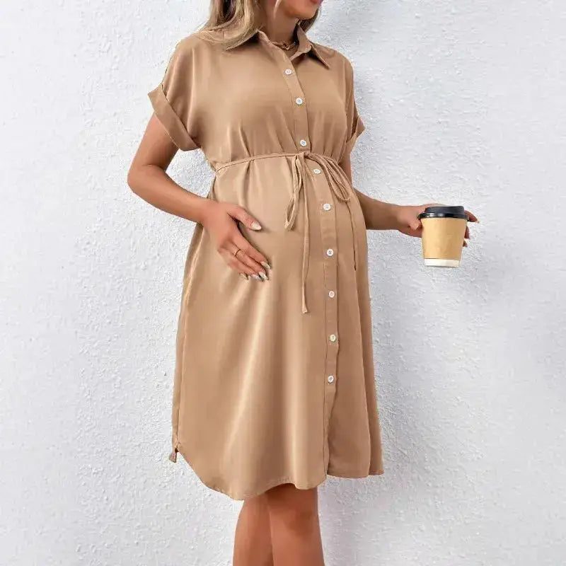 New Maternity Dress Summer Short Sleeve Button Casual Maternity Dress Fashion Belt Shirt Maternity Dress Pregnancy Dress by Dropshipman