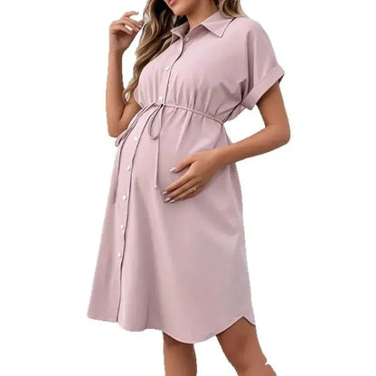 New Maternity Dress Summer Short Sleeve Button Casual Maternity Dress Fashion Belt Shirt Maternity Dress Pregnancy Dress by Dropshipman