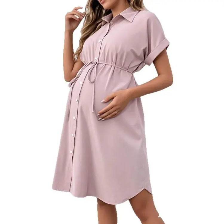 New Maternity Dress Summer Short Sleeve Button Casual Maternity Dress Fashion Belt Shirt Maternity Dress Pregnancy Dress SHOPEZRA L.L.C.