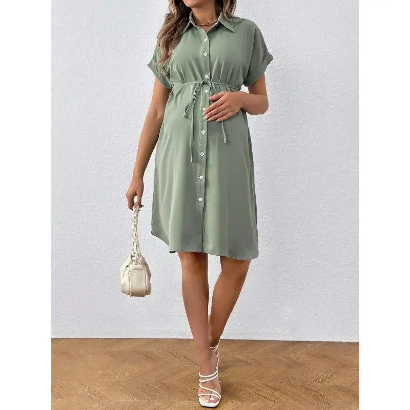 New Maternity Dress Summer Short Sleeve Button Casual Maternity Dress Fashion Belt Shirt Maternity Dress Pregnancy Dress SHOPEZRA L.L.C.