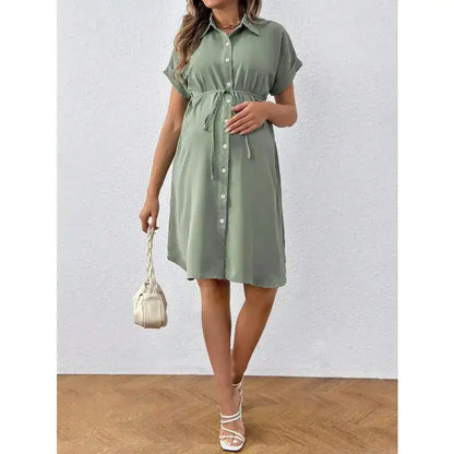 New Maternity Dress Summer Short Sleeve Button Casual Maternity Dress Fashion Belt Shirt Maternity Dress Pregnancy Dress by Dropshipman