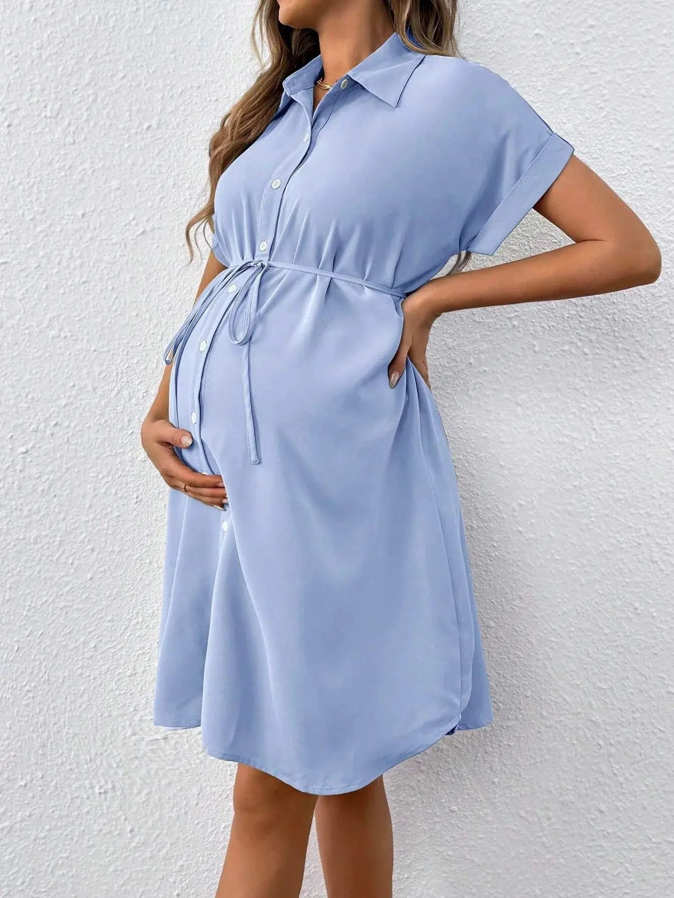 New Maternity Dress Summer Short Sleeve Button Casual Maternity Dress Fashion Belt Shirt Maternity Dress Pregnancy Dress SHOPEZRA L.L.C.