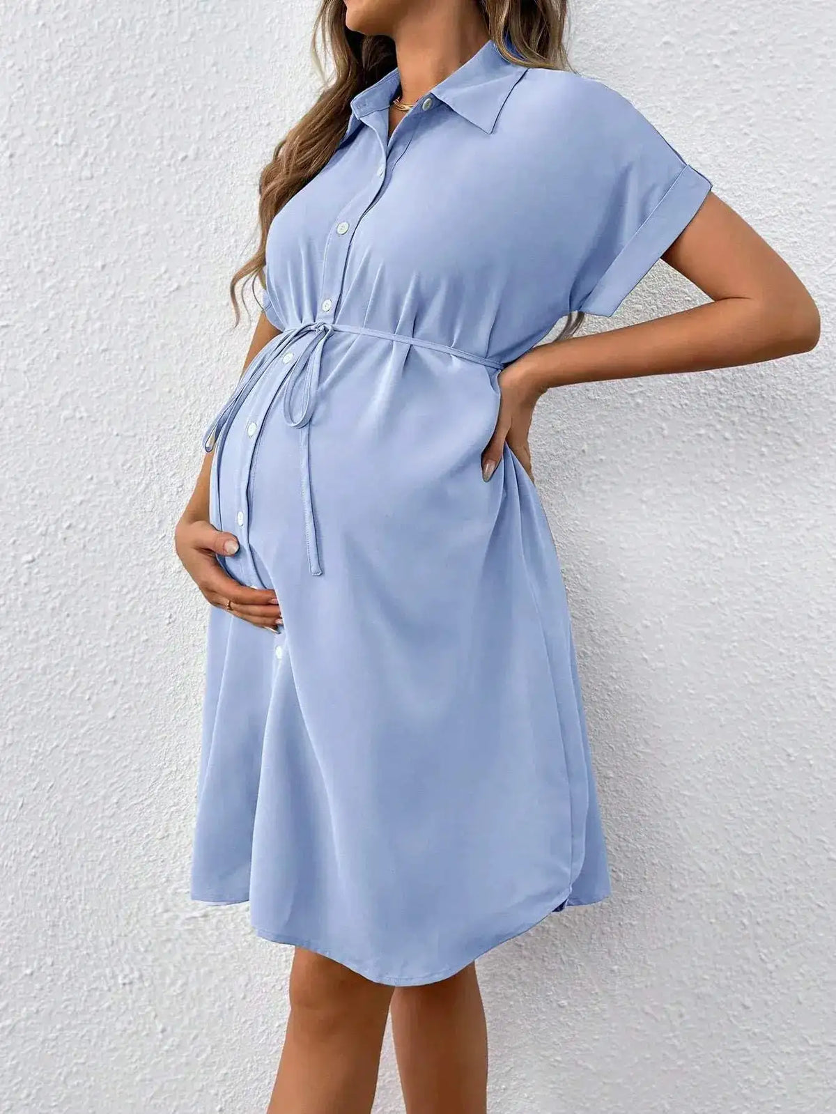 New Maternity Dress Summer Short Sleeve Button Casual Maternity Dress Fashion Belt Shirt Maternity Dress Pregnancy Dress by Dropshipman