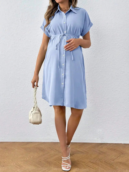 New Maternity Dress Summer Short Sleeve Button Casual Maternity Dress Fashion Belt Shirt Maternity Dress Pregnancy Dress by Dropshipman