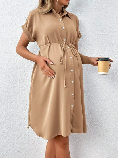 New Maternity Dress Summer Short Sleeve Button Casual Maternity Dress Fashion Belt Shirt Maternity Dress Pregnancy Dress by Dropshipman