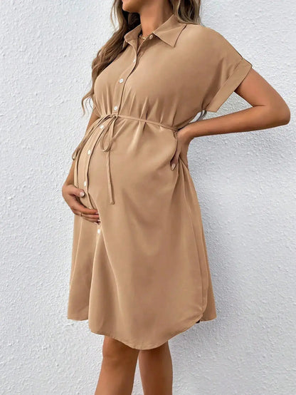 New Maternity Dress Summer Short Sleeve Button Casual Maternity Dress Fashion Belt Shirt Maternity Dress Pregnancy Dress by Dropshipman