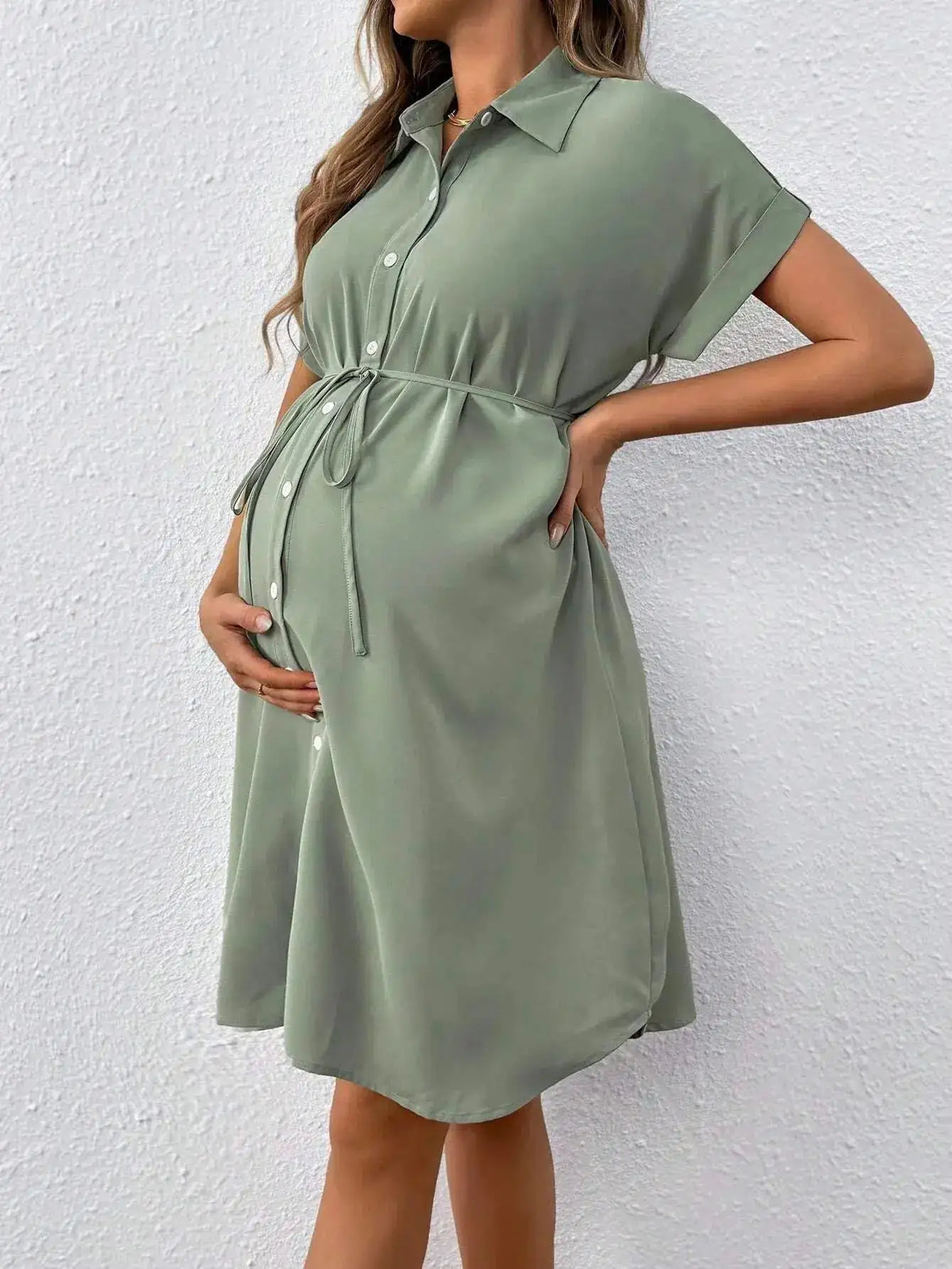 New Maternity Dress Summer Short Sleeve Button Casual Maternity Dress Fashion Belt Shirt Maternity Dress Pregnancy Dress by Dropshipman