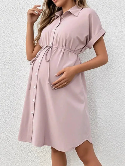 New Maternity Dress Summer Short Sleeve Button Casual Maternity Dress Fashion Belt Shirt Maternity Dress Pregnancy Dress by Dropshipman