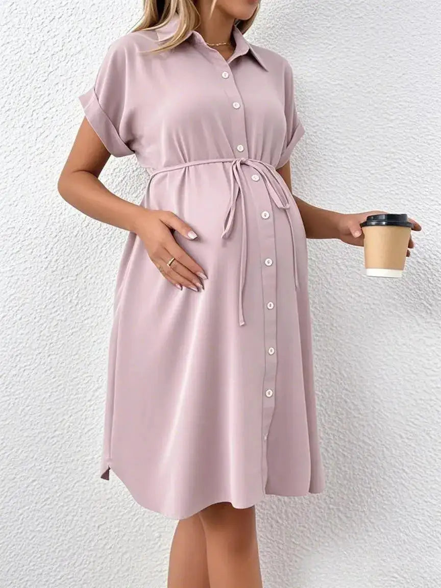 New Maternity Dress Summer Short Sleeve Button Casual Maternity Dress Fashion Belt Shirt Maternity Dress Pregnancy Dress by Dropshipman
