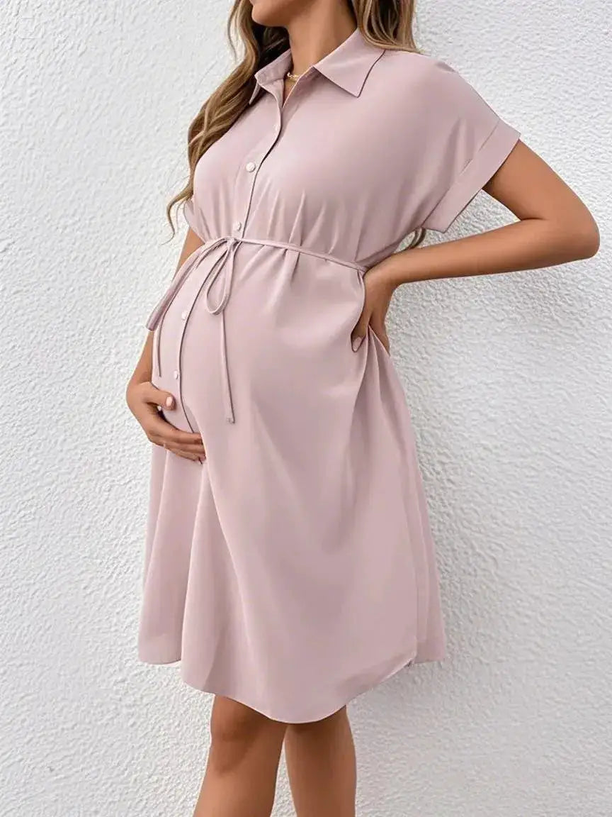 New Maternity Dress Summer Short Sleeve Button Casual Maternity Dress Fashion Belt Shirt Maternity Dress Pregnancy Dress by Dropshipman