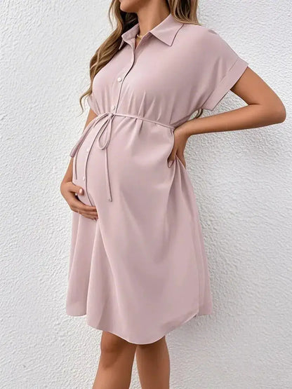 New Maternity Dress Summer Short Sleeve Button Casual Maternity Dress Fashion Belt Shirt Maternity Dress Pregnancy Dress by Dropshipman
